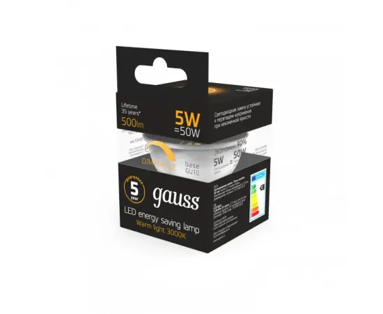 Фото характеристики Лампа Gauss MR16 5W 500lm 3000K GU10 диммируемая LED арт. 101506105-D