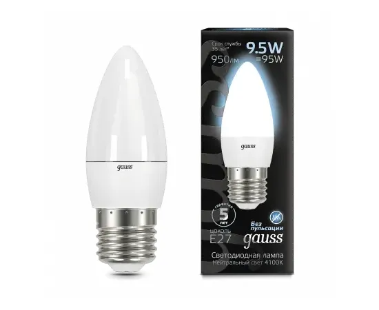Фото характеристики Лампа Gauss Свеча 9.5W 950lm 4100К E27 LED арт. 103102210