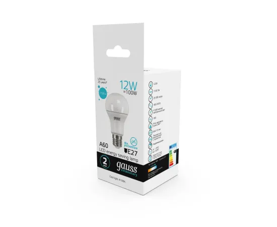 фото Лампа Gauss Elementary A60 12W 1150lm 4100K E27 LED 1/10/40 арт. 23222