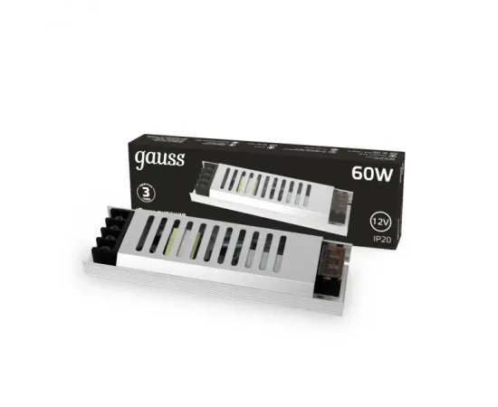 Фото характеристики Блок питания Gauss 60W 12V IP20 ультратонкий 1/72 арт. 202001060 Фото характеристики Блок питания Gauss 60W 12V IP20 ультратонкий 1/72 арт. 202001060