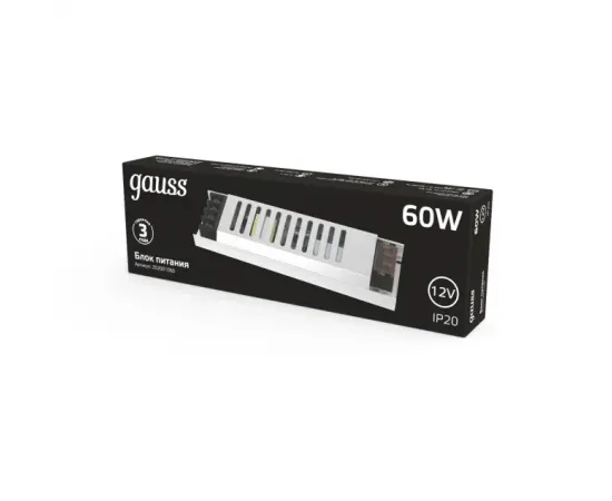 Фото характеристики Блок питания Gauss 60W 12V IP20 ультратонкий 1/72 арт. 202001060 Фото характеристики Блок питания Gauss 60W 12V IP20 ультратонкий 1/72 арт. 202001060
