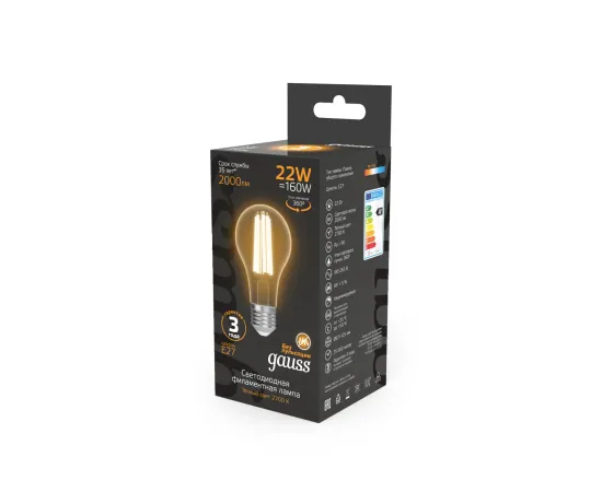 Фото Лампа Gauss Filament А70 22W 2000lm 2700К Е27 LED 1/10/40 Артикул: 102902122