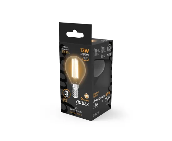 Фото Лампа Gauss Filament Шар 13W 1100lm 2700К Е14 LED 1/10/50 Артикул: 105801113 Фото Лампа Gauss Filament Шар 13W 1100lm 2700К Е14 LED 1/10/50 Артикул: 105801113