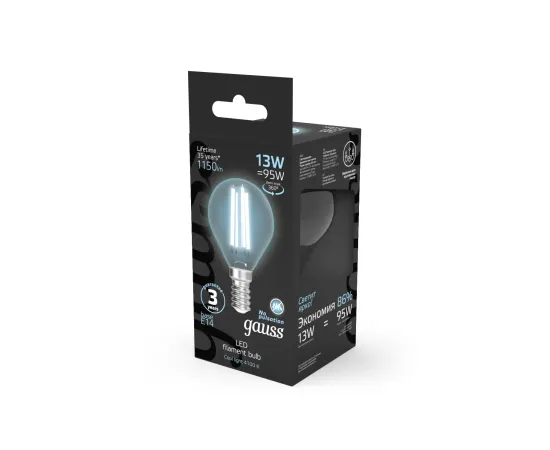 Фото Лампа Gauss Filament Шар 13W 1150lm 4100К Е14 LED 1/10/50 Артикул: 105801213 Фото Лампа Gauss Filament Шар 13W 1150lm 4100К Е14 LED 1/10/50 Артикул: 105801213