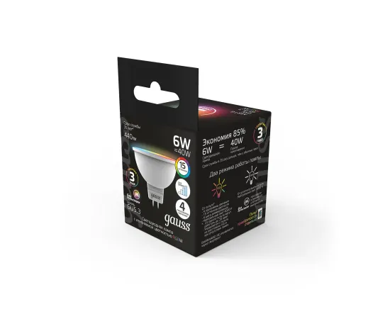 Фото Лампа Gauss MR16 6W GU5.3 RGBW+димирование LED 1/100 Артикул: 101105406 Фото Лампа Gauss MR16 6W GU5.3 RGBW+димирование LED 1/100 Артикул: 101105406