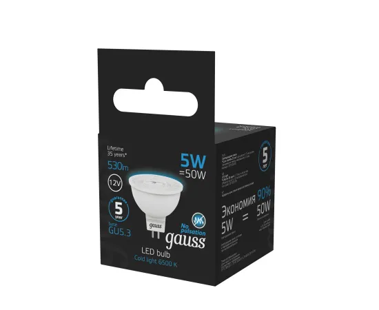 фото лампа Gauss MR16 12V 5W 530lm 6500K GU5.3 LED Артикул: 201505305 фото лампа Gauss MR16 12V 5W 530lm 6500K GU5.3 LED Артикул: 201505305