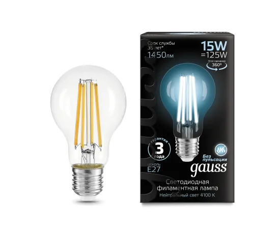 Фото Лампа Gauss Filament А60 15W 1450lm 4100К Е27 LED 1/10/40 Артикул: 102902215