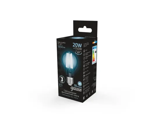 фото лампа Gauss Filament А60 20W 1850lm 4100К Е27 LED Артикул: 102902220