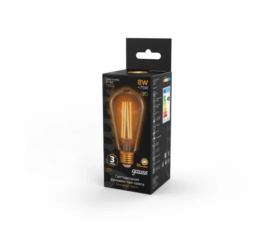 Лампа Gauss Filament ST64 8W 740lm 2400К Е27 golden LED 1/10/40, изображение 4 Лампа Gauss Filament ST64 8W 740lm 2400К Е27 golden LED 1/10/40, изображение 4