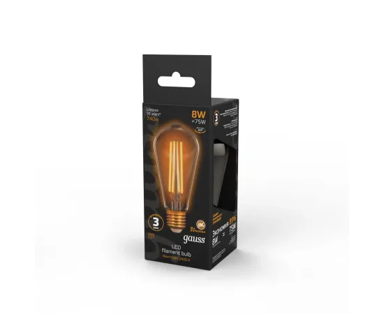 Лампа Gauss Filament ST64 8W 740lm 2400К Е27 golden LED 1/10/40, изображение 5 Лампа Gauss Filament ST64 8W 740lm 2400К Е27 golden LED 1/10/40, изображение 5