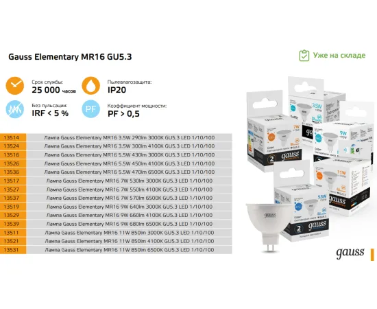 Фото Gauss LED Elementary MR16 GU5.3 3.5W 4100K 1/10/100 арт. 13524