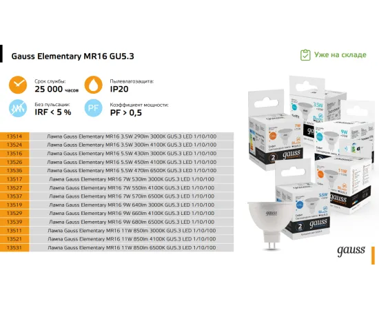 Фото Gauss LED Elementary MR16 GU5.3 9W 6500K арт. 13539