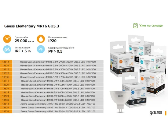 Фото Лампа Gauss Elementary MR16 5.5W 450lm 4100К GU5.3 LED арт. 13526 Фото Лампа Gauss Elementary MR16 5.5W 450lm 4100К GU5.3 LED арт. 13526