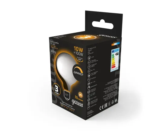 Фото Лампа Gauss Filament G125 10W 1070lm 3000К Е27 milky диммируемая LED 1/20 Артикул: 187202110-D