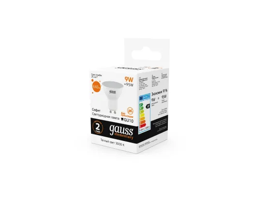 Фото Лампа Gauss Elementary MR16 9W 640lm 3000К GU10 LED 1/10/100 Артикул: 13619