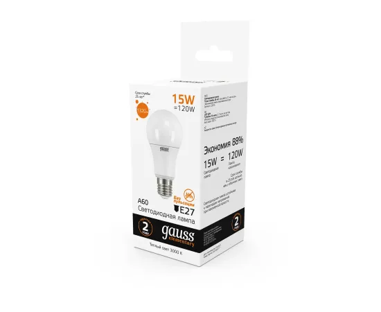 Фото Лампа Gauss Elementary A60 15W 1320lm 3000K E27 LED 1/10/50 Артикул: 23215