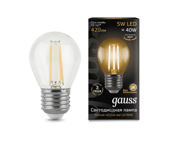 Фото Лампа Gauss Filament Шар 5W 420lm 2700К Е27 LED 1/10/50 Артикул: 105802105