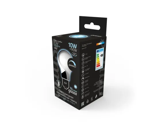 Фото Лампа Gauss Filament А60 10W 860lm 4100К Е27 opal milky диммируемая LED 1/10/40 Артикул: 102202210-D
