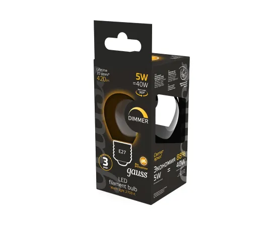 Фото Лампа Gauss Filament Шар 5W 420lm 2700К Е27 диммируемая LED 1/10/50 Артикул: 105802105-D