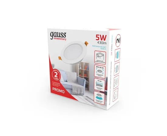 Фото ​Светильник Gauss Elementary Downlight круг 5W 430lm 4000K 210-240V IP20 95*38 монтаж белый LED 1/100 Артикул: 9100420205
