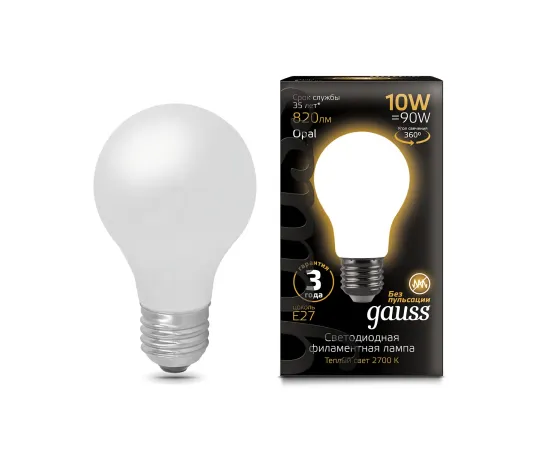 Фото Лампа Gauss Filament А60 10W 820lm 2700К Е27 opal milky LED 1/10/40 Артикул: 102202110