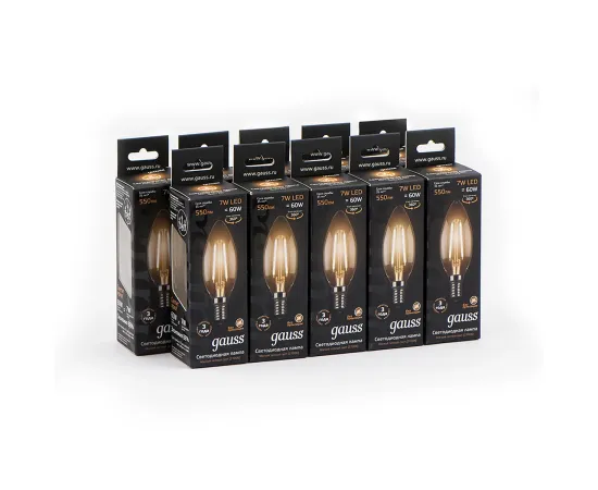 Фото Лампа Gauss Filament Свеча 7W 550lm 2700К Е14 LED 1/10/50  Артикул: 103801107 Фото Лампа Gauss Filament Свеча 7W 550lm 2700К Е14 LED 1/10/50  Артикул: 103801107