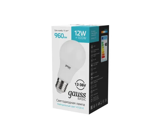 Фото Лампа Gauss Basic A60 AC12-36V 12W 960lm 4100K E27 LED 1/5/50 Артикул: 202402212 Фото Лампа Gauss Basic A60 AC12-36V 12W 960lm 4100K E27 LED 1/5/50 Артикул: 202402212
