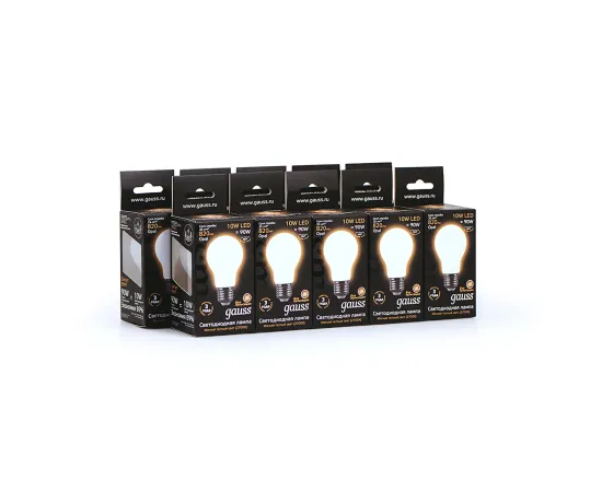 Фото Лампа Gauss Filament А60 10W 820lm 2700К Е27 opal milky LED 1/10/40 Артикул: 102202110 Фото Лампа Gauss Filament А60 10W 820lm 2700К Е27 opal milky LED 1/10/40 Артикул: 102202110