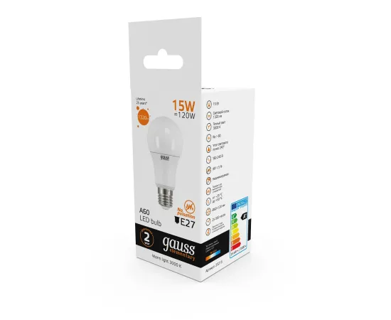 Фото Лампа Gauss Elementary A60 15W 1320lm 3000K E27 LED 1/10/50 Артикул: 23215