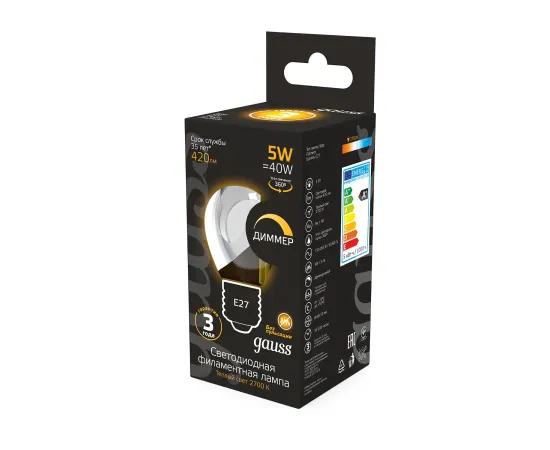 Фото Лампа Gauss Filament Шар 5W 420lm 2700К Е27 диммируемая LED 1/10/50 Артикул: 105802105-D