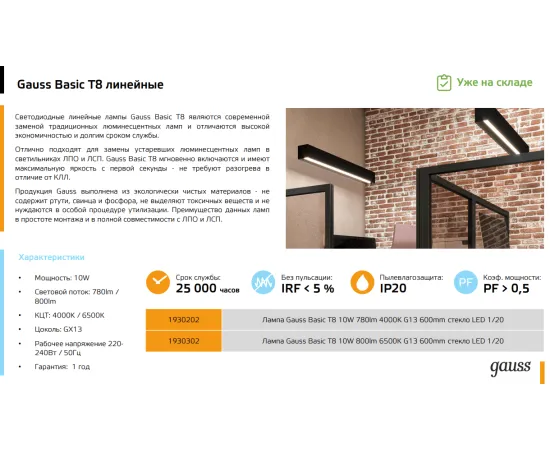 Фото Лампа Gauss Basic T8 10W 800lm 6500K G13 600mm стекло LED 1/20 Артикул: 1930302