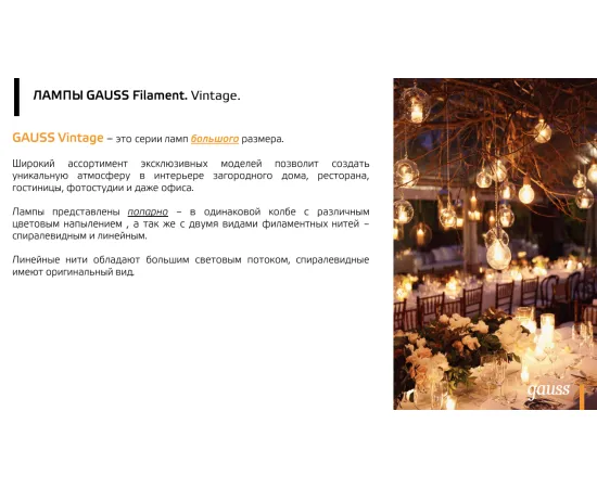 Фото Лампа Gauss Filament G95 6W 630lm 2700К Е27 LED 1/20 Артикул: 105802106 Фото Лампа Gauss Filament G95 6W 630lm 2700К Е27 LED 1/20 Артикул: 105802106