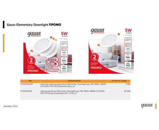Фото ​Светильник Gauss Elementary Downlight круг 5W 430lm 4000K 210-240V IP20 95*38 монтаж белый LED 1/100 Артикул: 9100420205