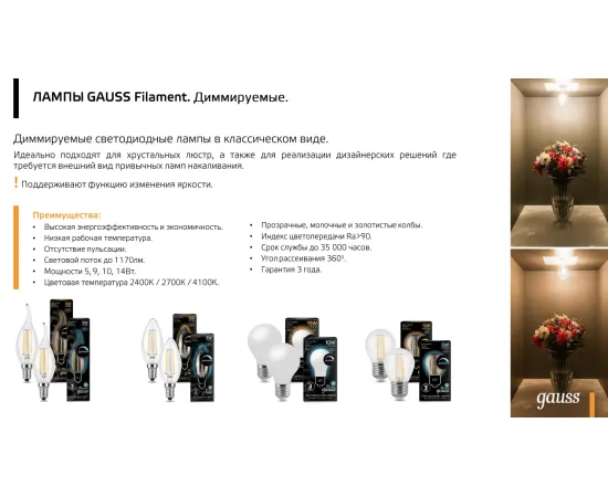 Фото Лампа Gauss Filament Шар 5W 420lm 2700К Е27 диммируемая LED 1/10/50 Артикул: 105802105-D