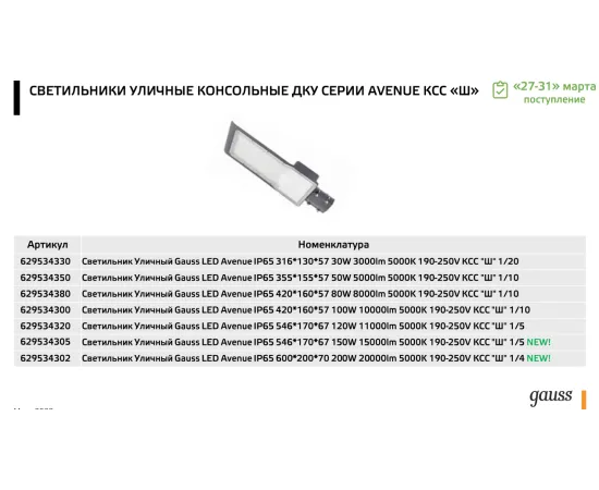 Фото Светильник Уличный Gauss LED Avenue IP65 420*160*57 100W 10000lm 5000K 190-250V КСС "Ш" 1/10 629534300