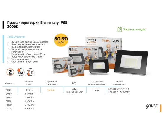 Фото Прожектор светодиодный Gauss Elementary G2 20W 1790lm IP65 3000К черный 1/60 Артикул: 613527120
Фото Прожектор светодиодный Gauss Elementary G2 20W 1790lm IP65 3000К черный 1/60 Артикул: 613527120