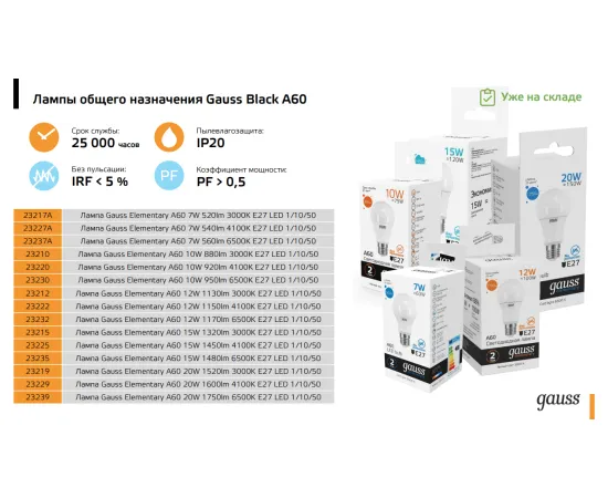 Фото Лампа Gauss Elementary A60 15W 1320lm 3000K E27 LED 1/10/50 Артикул: 23215