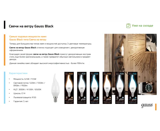 Фото Лампа Gauss Свеча на ветру 9.5W 890lm 3000K E14 LED 1/10/50 Артикул: 104101110