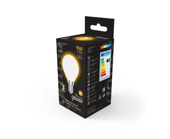 Лампа Gauss Filament Шар 9W 590lm 3000К Е14 milky LED 1/10/50
Артикул: 105201109
