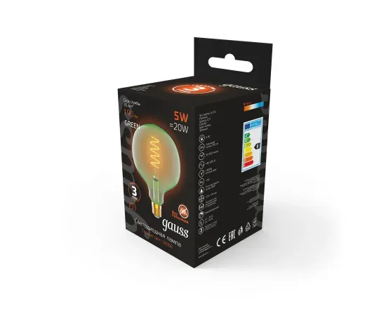 Лампа Gauss Filament G125 5W 190lm 1800К Е27 green flexible LED 1/10
Артикул: 1012802105