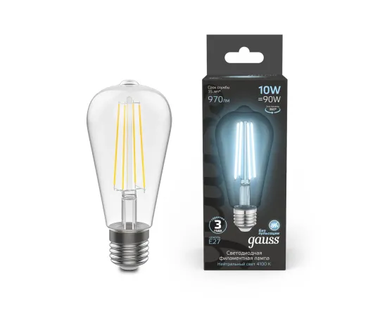 Фото Лампа Gauss Filament ST64 10W 970lm 4100К Е27 LED 1/10/40 Артикул: 157802210