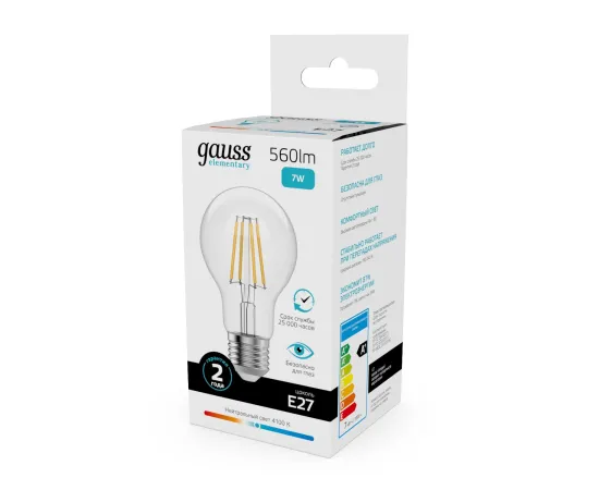 Лампа Gauss Filament Elementary А60 7W 560lm 4100К Е27 LED 1/10/50
Артикул: 22227