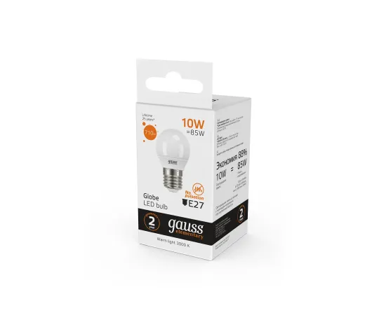 Фото Лампа Gauss Elementary Шар 10W 710lm 3000K Е27 LED 1/10/100 Артикул: 53210