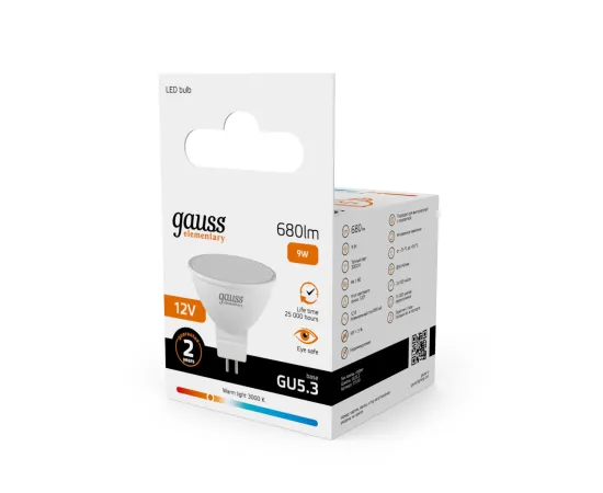 Фото Лампа Gauss Elementary MR16 12V 9W 680lm 3000K GU5.3 LED 1/10/100  Артикул: 11519