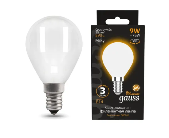 Лампа Gauss Filament Шар 9W 590lm 3000К Е14 milky LED 1/10/50
Артикул: 105201109