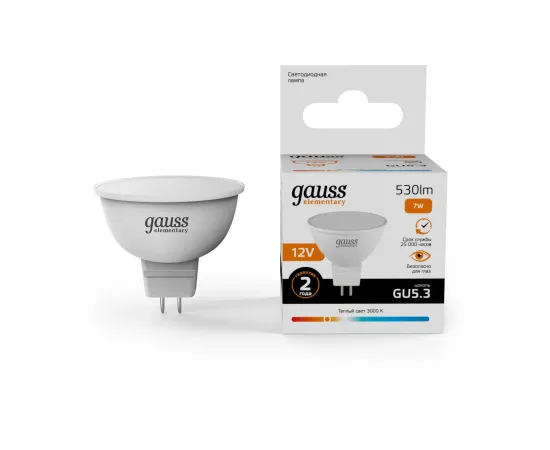 Лампа Gauss Elementary MR16 12V 7W 530lm 3000K GU5.3 LED 1/10/100
Артикул: 11517