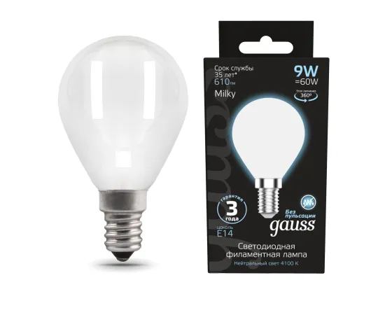 Лампа Gauss Filament Шар 9W 610lm 4100К Е14 milky LED 1/10/50
Артикул: 105201209