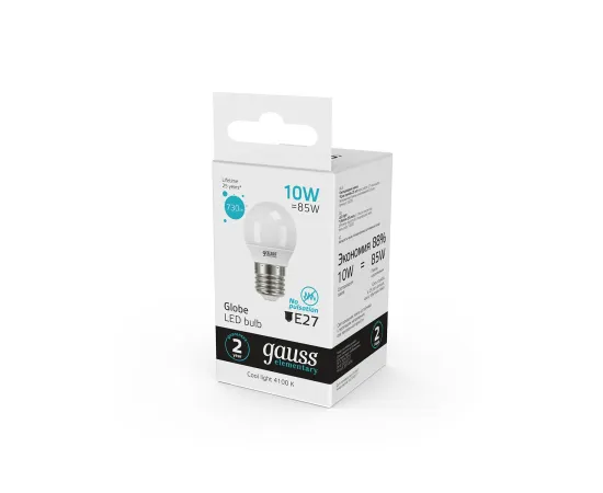 Фото Лампа Gauss Elementary Шар 10W 730lm 4100K Е27 LED 1/10/100 Артикул: 53220Фото Лампа Gauss Elementary Шар 10W 730lm 4100K Е27 LED 1/10/100 Артикул: 53220