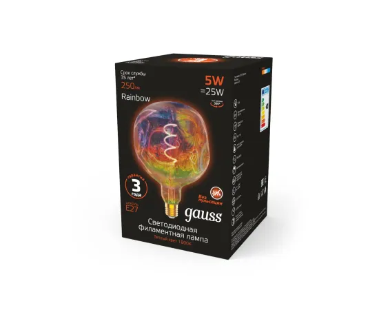 Лампа Gauss Filament G150 5W 250lm 1800К Е27 rainbow LED 1/6
Артикул: 1007802103