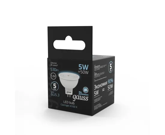 Фото Лампа Gauss MR16 12V 5W 530lm 4100K GU5.3 LED 1/10/100 Артикул: 201505205